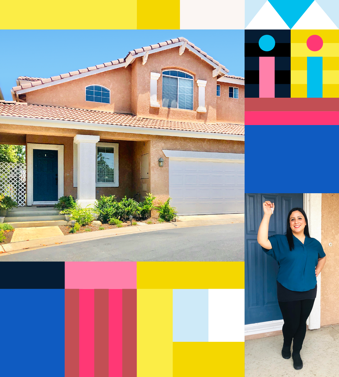 young woman and her new home with colorful shapes